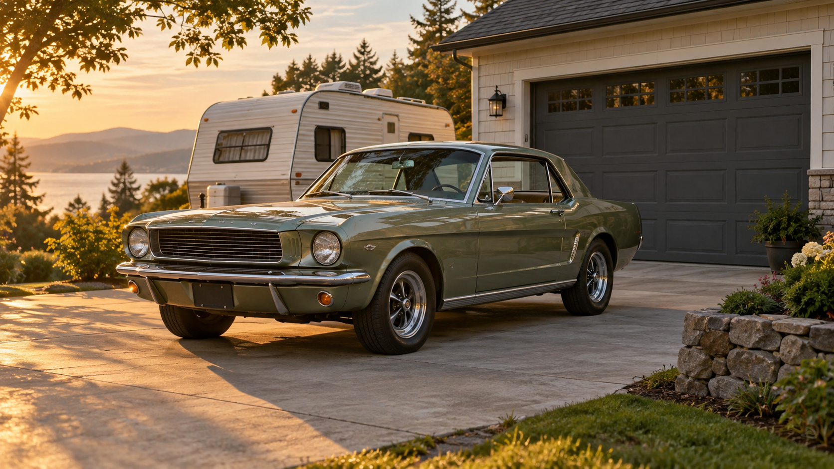 A classic car and camper at a home
