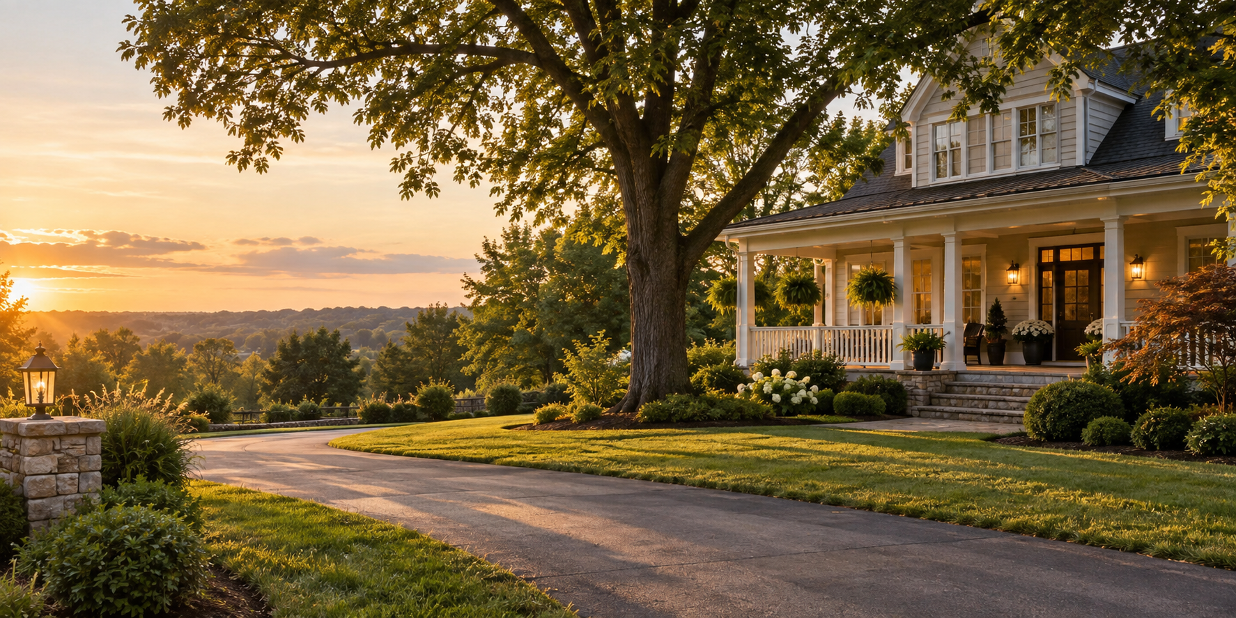 A well-kept family home at sunset